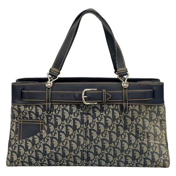 Auth DIOR/ChristianDior Trotteur Navy Cream Jacquard Leather Handbag - Picture 1 of 16